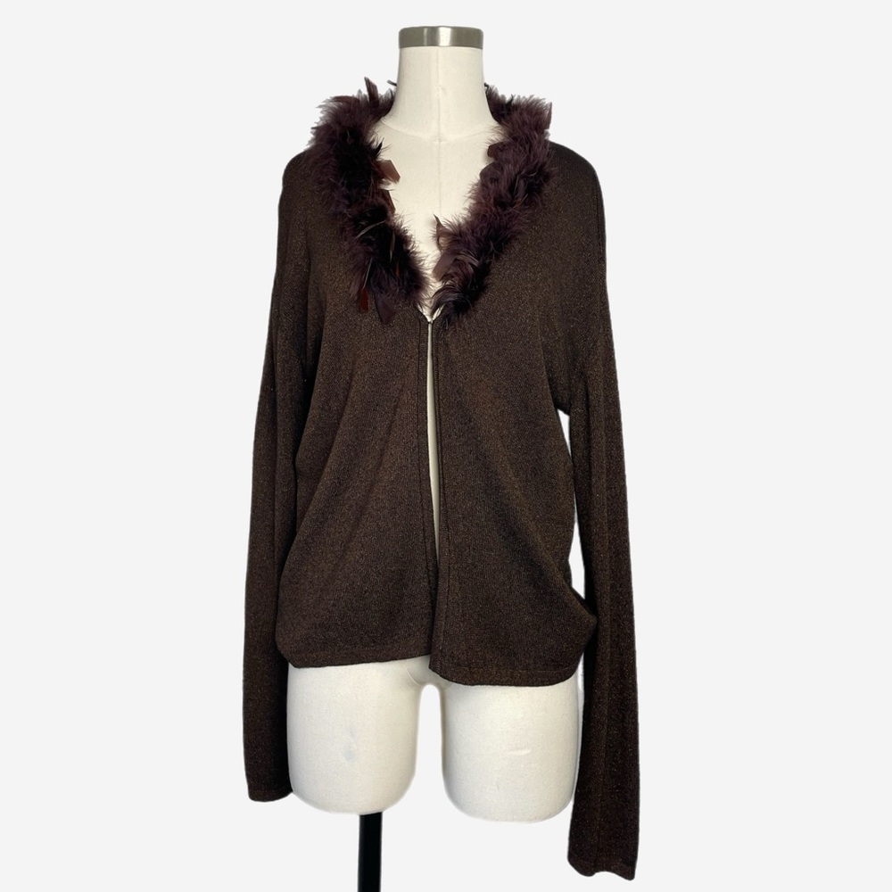 Vintage Y2K Dressbarn Brown knit glitter feather collar open cardigan stretch L